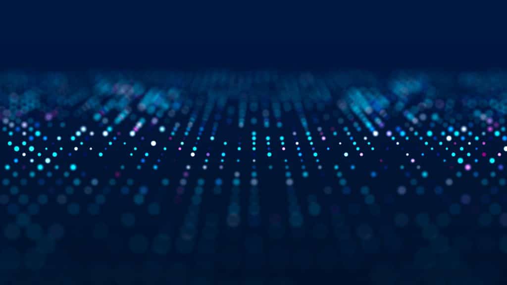 Wave of musical sounds. Abstract background with interweaving of dots and lines. 3D rendering.